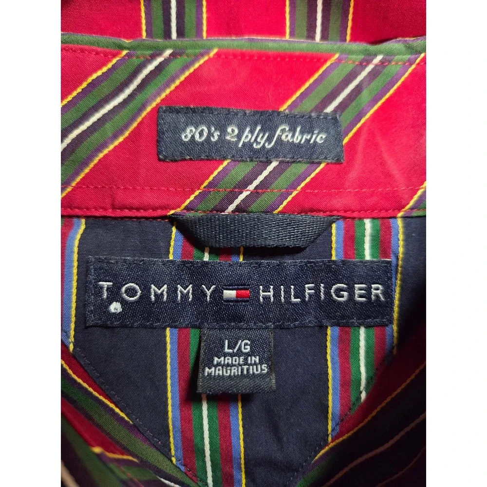 Tommy Hilfiger Mens Large Red Striped 80s 2-Ply Cotton Button Down Shirt L/G